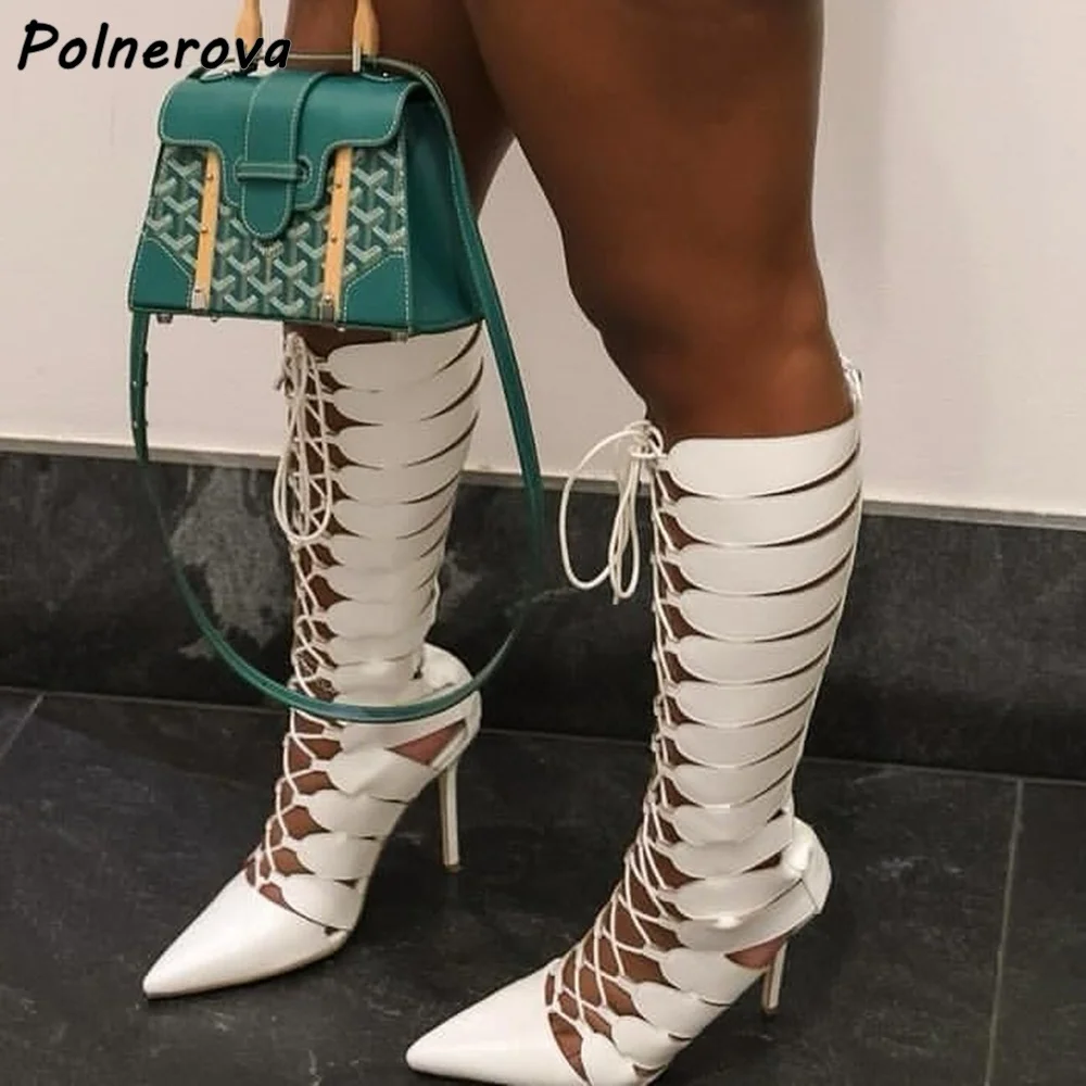 

Белые полые сандалии с узкими ремешками, ботинки на тонком каблуке, туфли со шнуровкой и перекрестной завязкой, кожаные летние элегантные однотонные ботинки с острым носком, 2025 г.