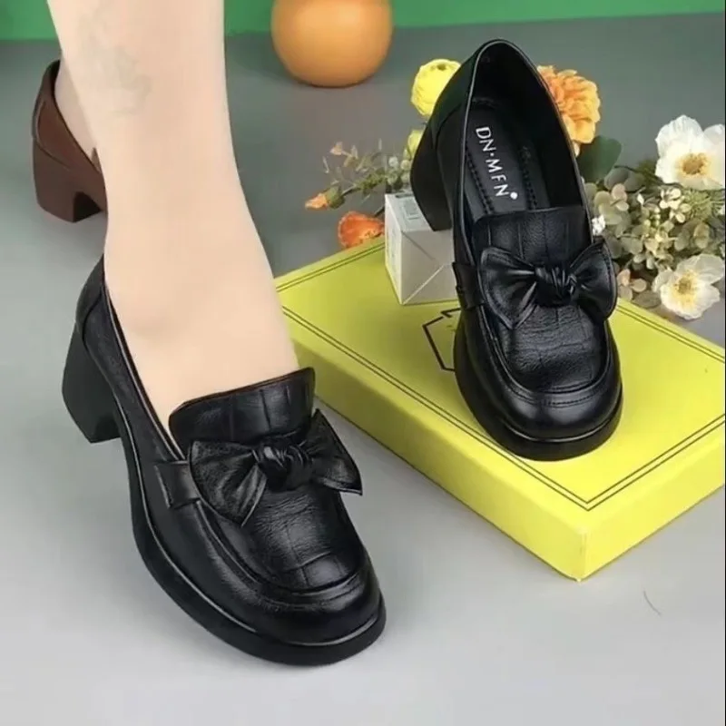 

Thick Heeled Butterfly Bow Loafers, British Style Thick Soled Small Leather Shoes, 2025 Autumn New Versatile Casual Single Shoes