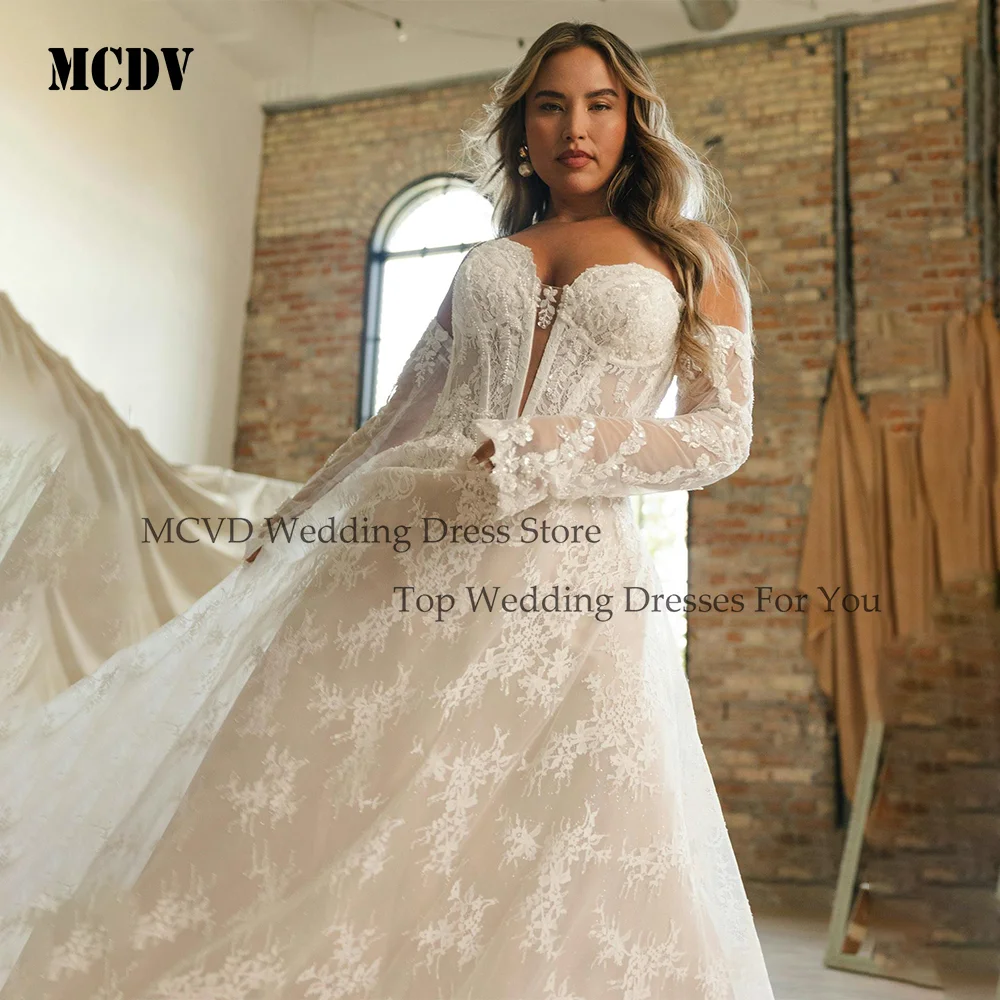 

MCDV Bohemian Oversize Wedding Dress Off Shoulder A Line Lace Appliques Long Sleeves Exquisite Vestidos De Novia Customized