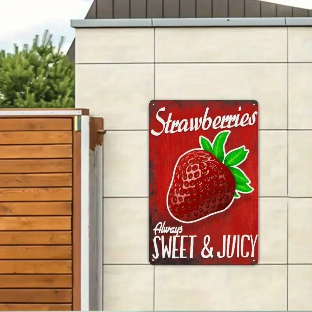 

Wall Decor，Vintage Strawberry Metal Sign "Always Sweet & Juicy" Design, Rustic Tinplate Art for Home, Kitchen, Bar, or Office