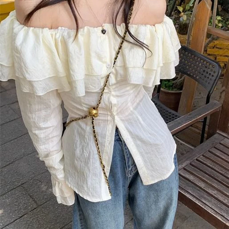 Slash Neck Solid French Ruffles Shirt Woman Summer Sexy Off Shoulder Ladies Blouse Chic Button Flare Long Sleeve Female Tops