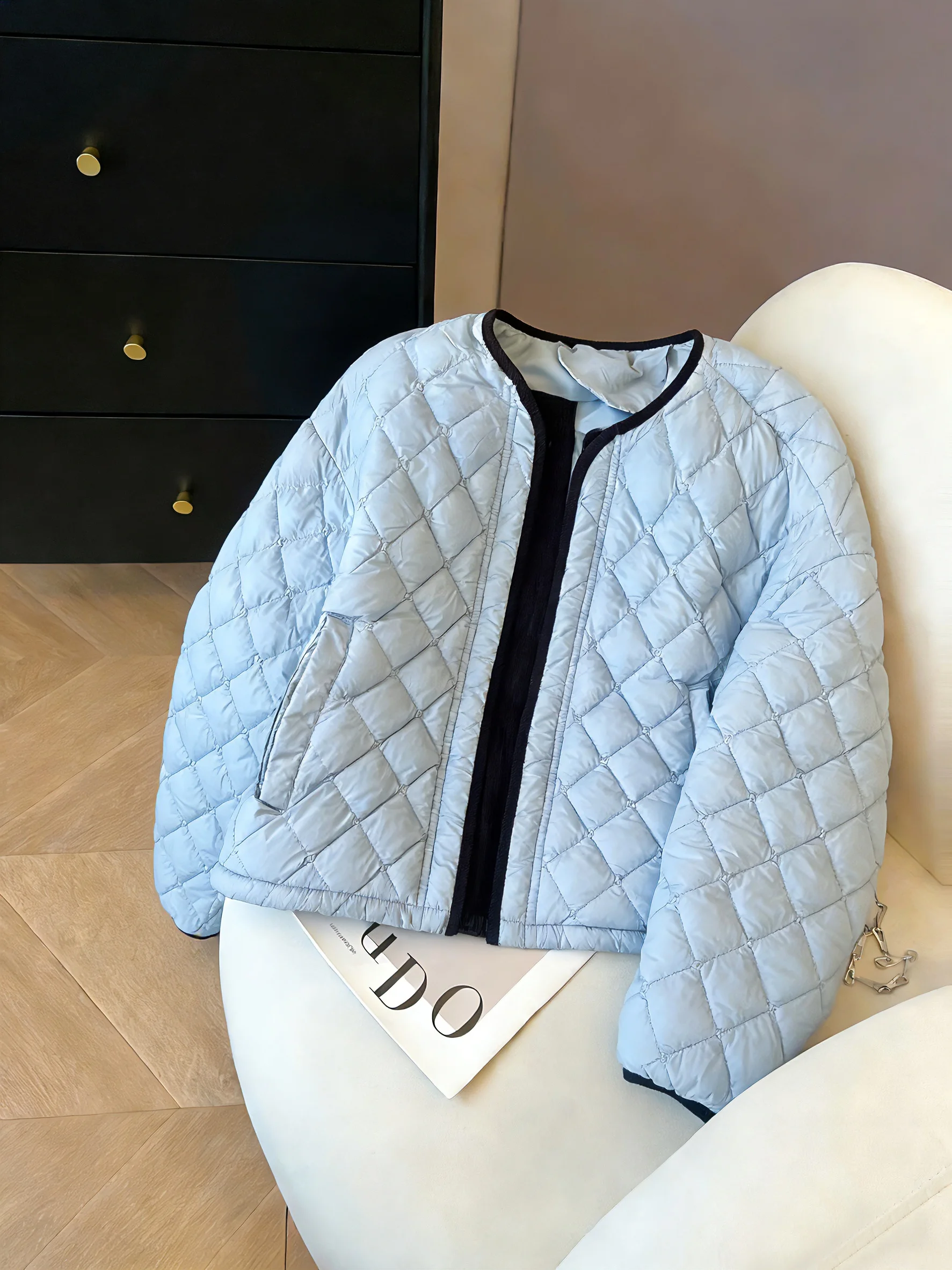 

Loose Fit round Ne Cotton Jaet Women's Autumn Winter Faion Anti-Aging Warmth Diamond Pattern Splicing Korean College St...