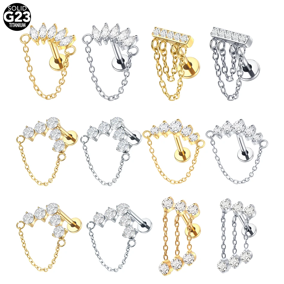 1/5PCS ASTM F136 Titanium 5-Cluster CZ Stud Earring with 2 Tier Dangle Chain Helix Cartilage Tragus Lip Ear Piercing Jewelry 16G