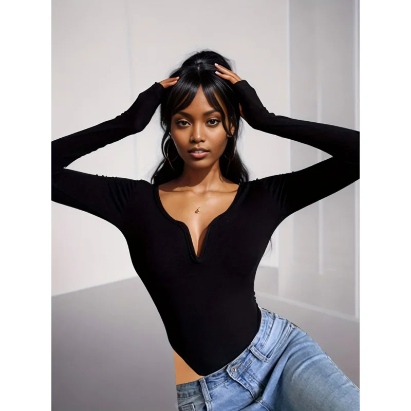 

Black V-neck long-sleeved women's autumn/winter slim-fit jumpsuit, solid color casual women's street style jumpsuit.