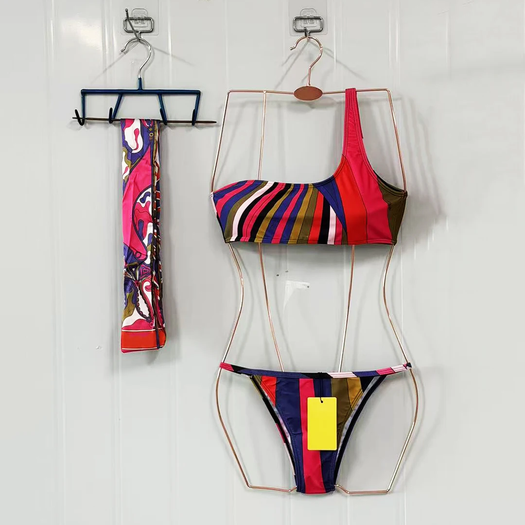 Classic Design Women's Ribbon Scarf One Shoulder Swimsuits with Designer Signature Letter Logo Luxury Brand Women's Bikini Sets