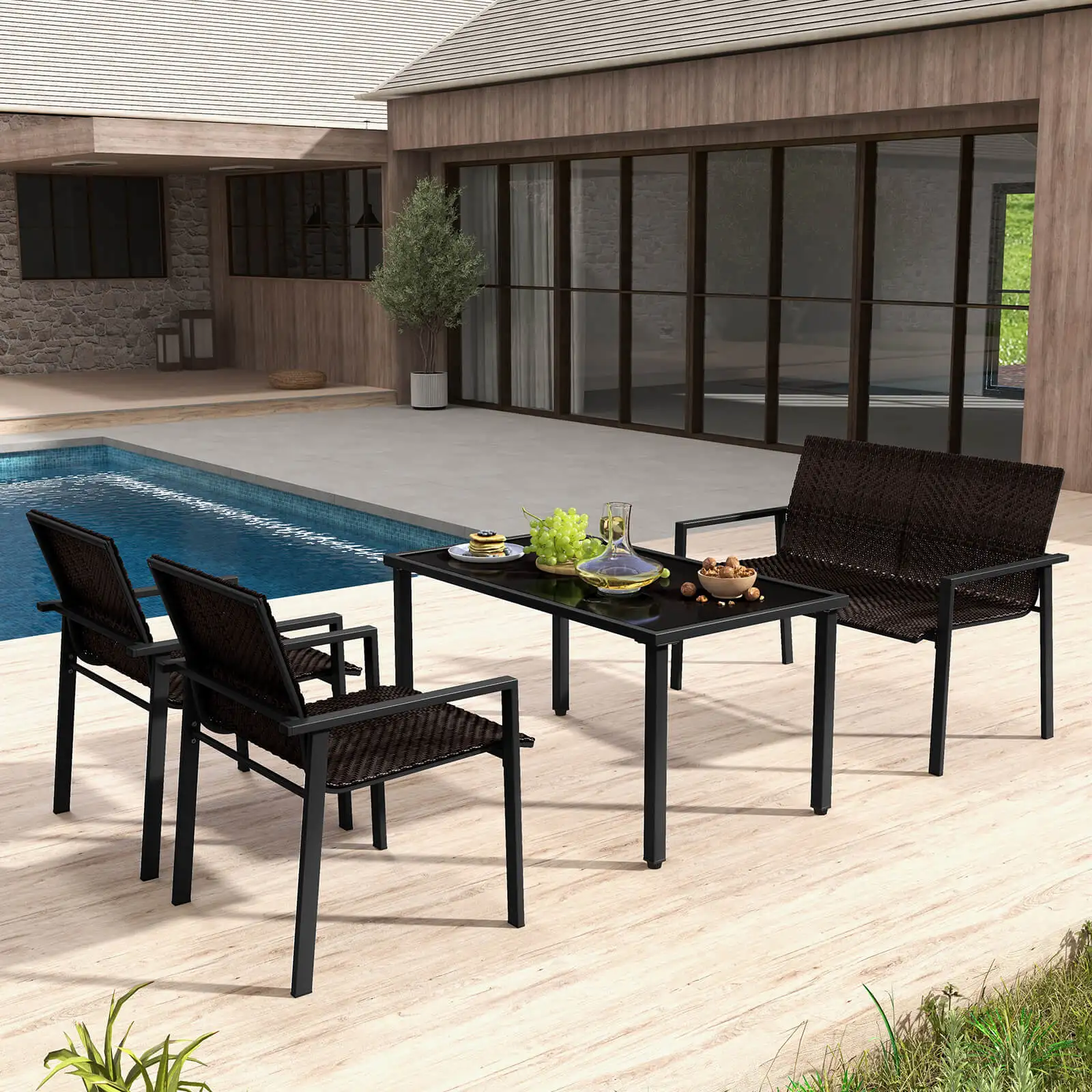 4 Stuks Outdoor Rieten Terrasmeubilair Set Met Zwaar Gegalvaniseerd Metalen Frame Mix Bruin