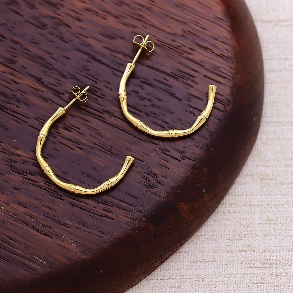 14K gold plated simple large round C-shaped bamboo earrings new Korean design fashion jewelry elegant women's party accessories