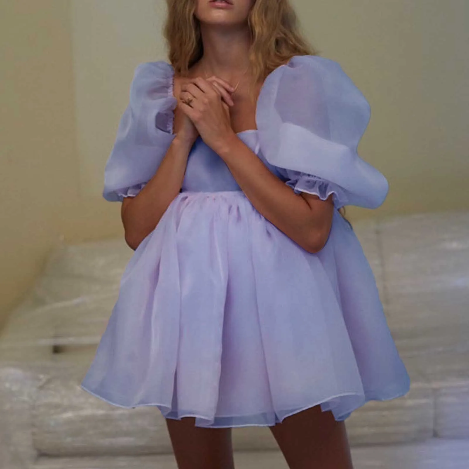 Robe tutu de princesse en tulle à manches bouffantes pour femmes, col carré, maille à volants, jupe bulle, élégante, mariage, soirée, robe de Rh