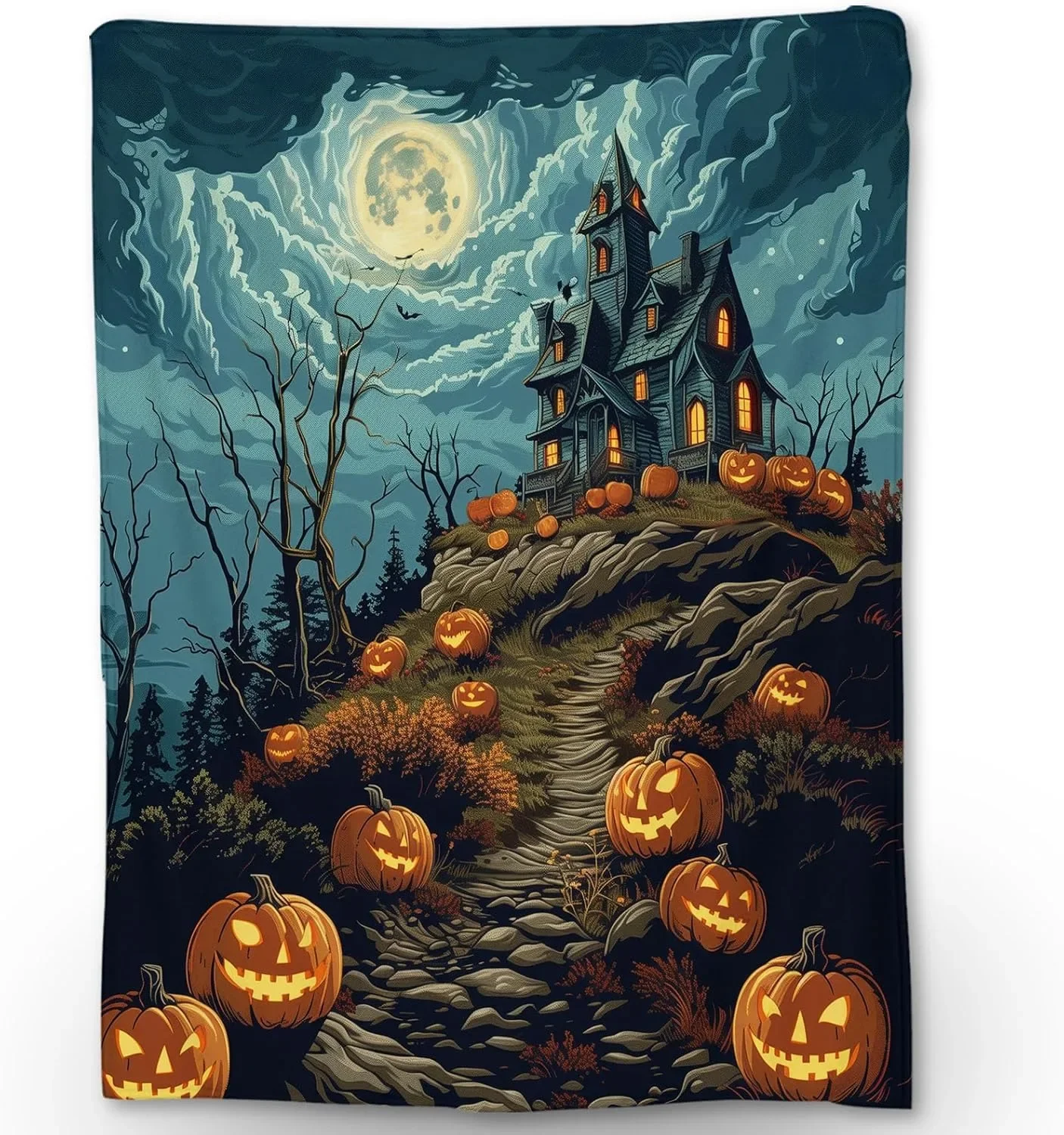 Spooky Halloween Pumpkin Patch Haunted House Scene Throw Blanket Cozy Fall Decor Gift for Autumn Night