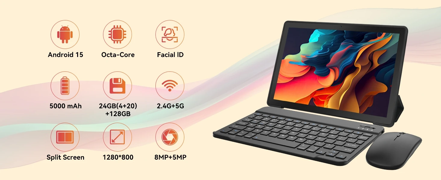 URAO C108 10.1 Inch Narrow Bezel Octa Core Tablet PC Android 15 24GB(4+20GB Virtual) RAM 128GB ROM 5000mAh HD 800*1280 Screen Dual Camera Full Set with Keyboard Mouse Stylus Case Earphone 1TB TF Expand Learning Office Tablet