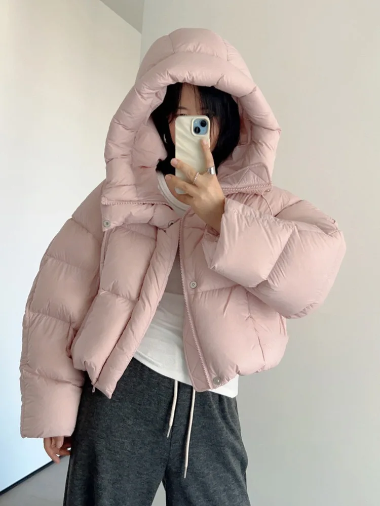 LANMREM Korean Cotton Coat Women's Hooded Zipper Design Solid Color Warm White Duck Down Bread Coats 2024 Winter New 2Z3023