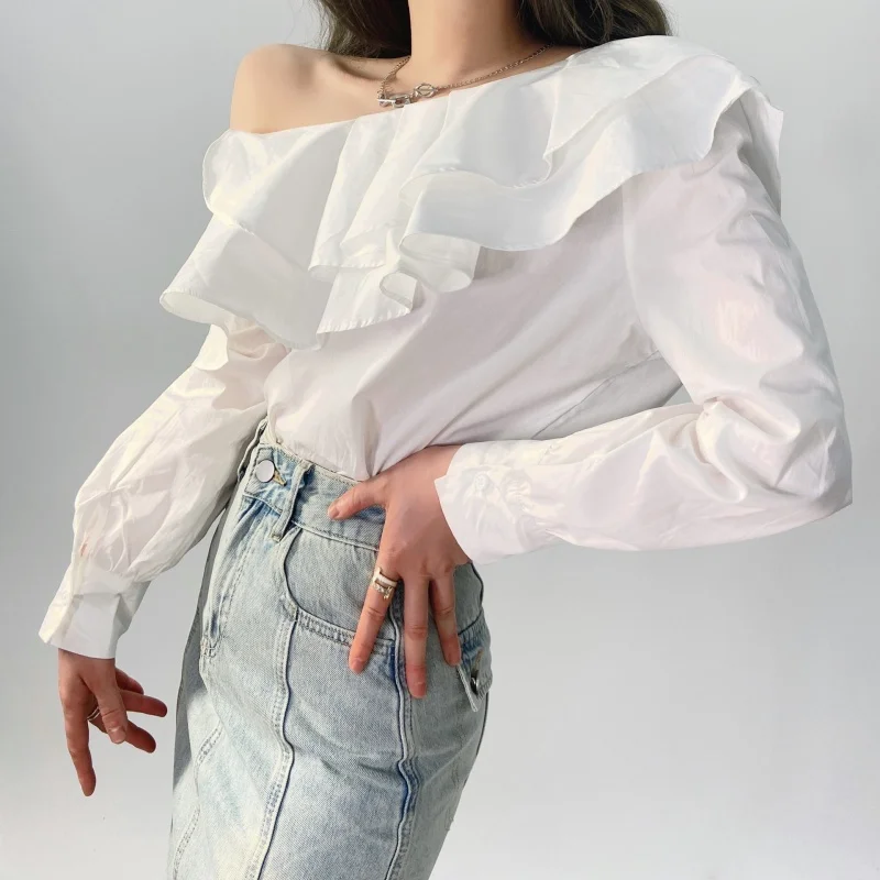 New Long Sleeve Women Blouse Ruffle White  Lantern Sleeve Tops Off Shoulder Sexy Shirt Elegant Cotton Clothing