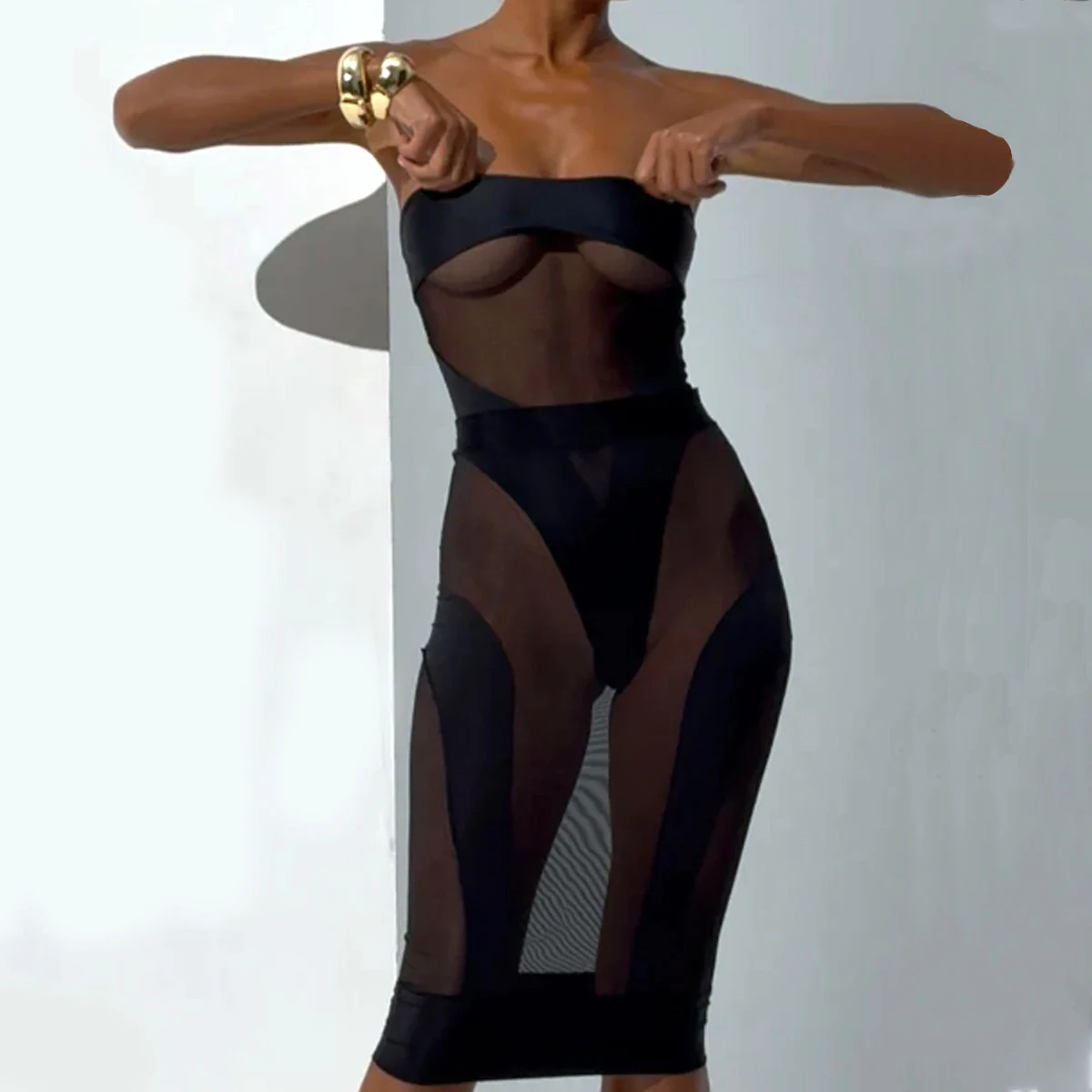 

European and American 2025 new perspective slim fit patchwork mesh sexy half skirt jumpsuit two-piece set