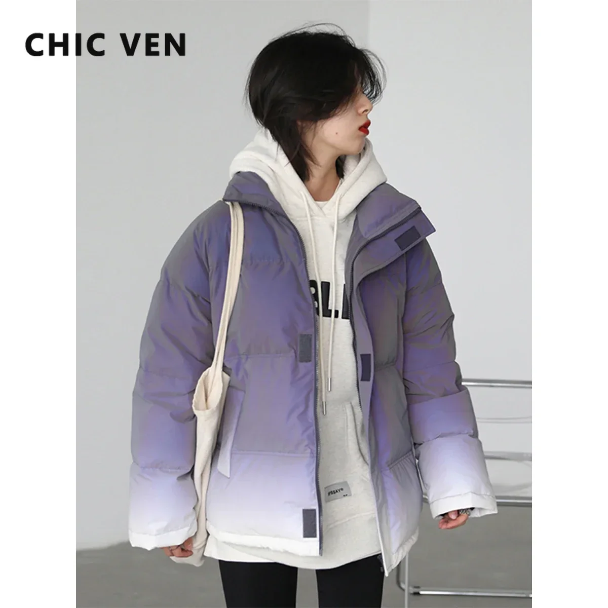 CHIC VEN Women\'s Down Coat Reflective Gradient Thickened Women Bread Coats 90 White Duck Down Jacket Warm Overcoat Winter 2024