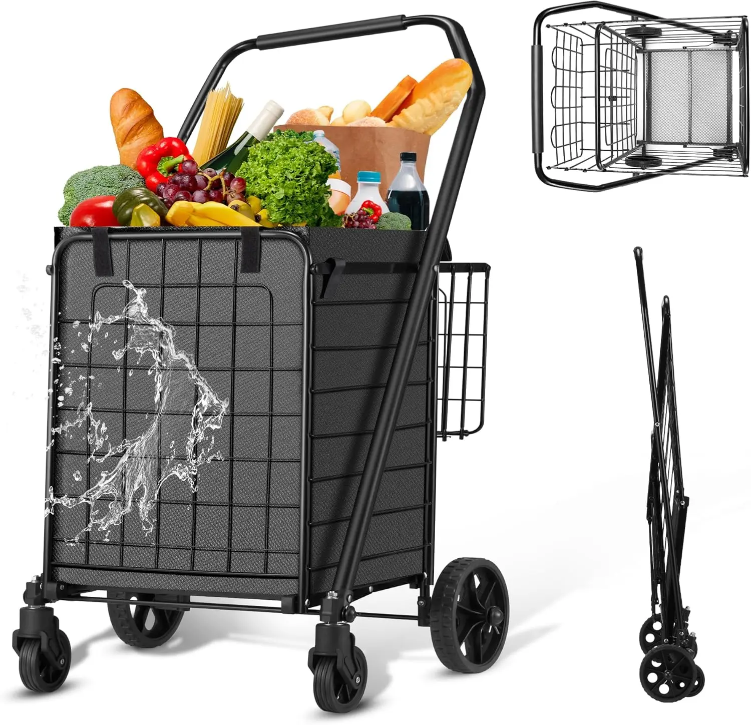 

Folding Grocery Cart with Wheels, 110LBS Capacity, Waterproof Liner, 360° Swivel for Easy Maneuver