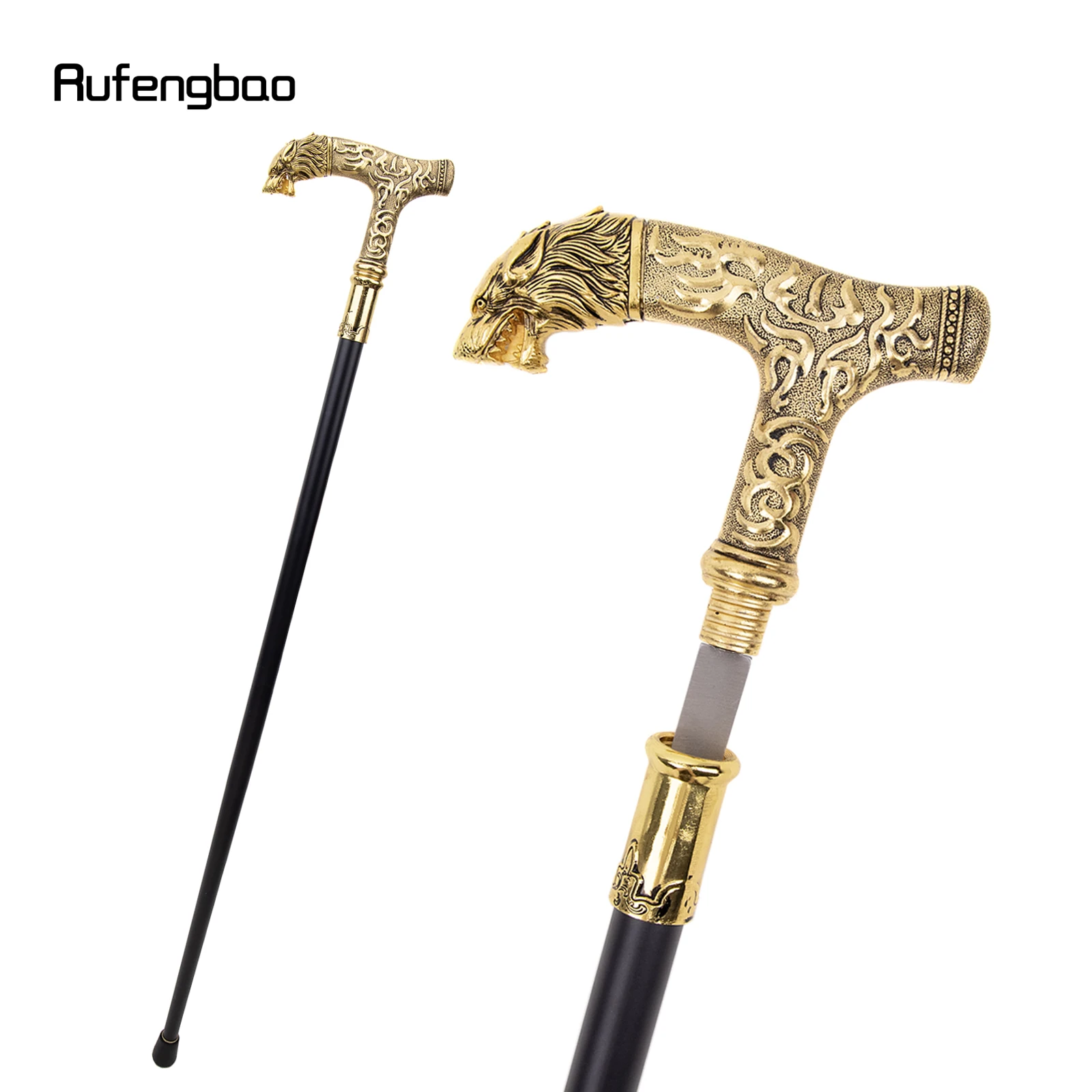 Golden Wolf Handle Single Joint Walking Stick with Hidden Plate Cane Plate Decorative Cospaly Party Halloween Crosier 93cm