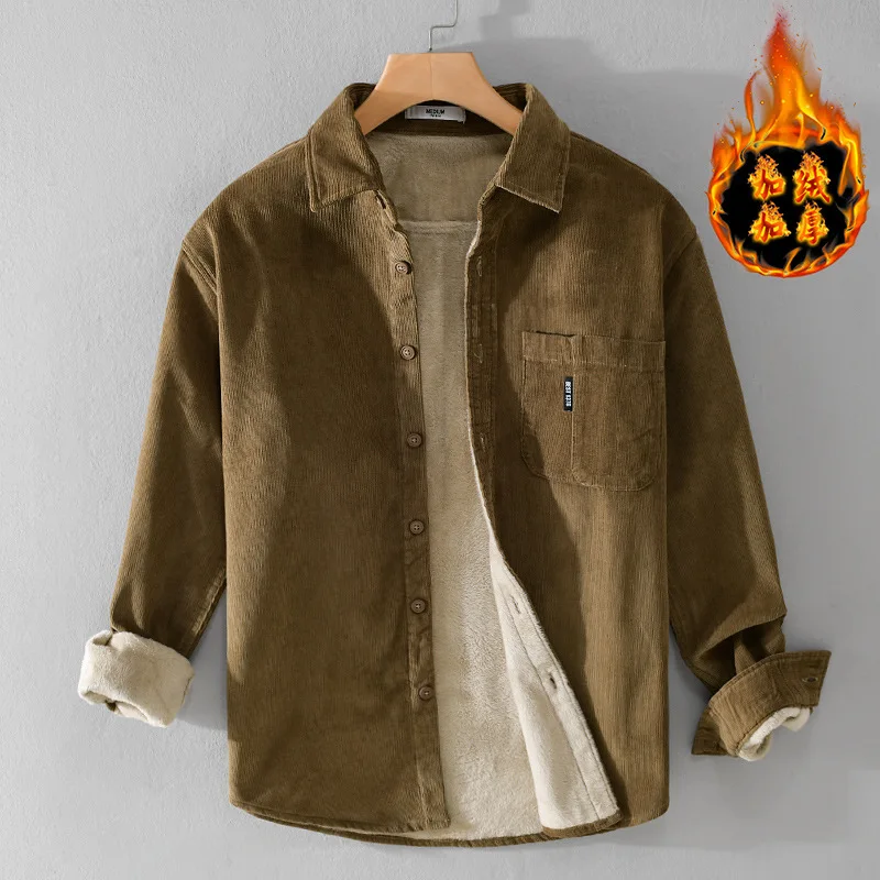 

Thiened Fce Long Sve Men's irt Casual Vintage Corduroy Autumn Winter Warm Outerwear Button up Classic Collar Cardigan