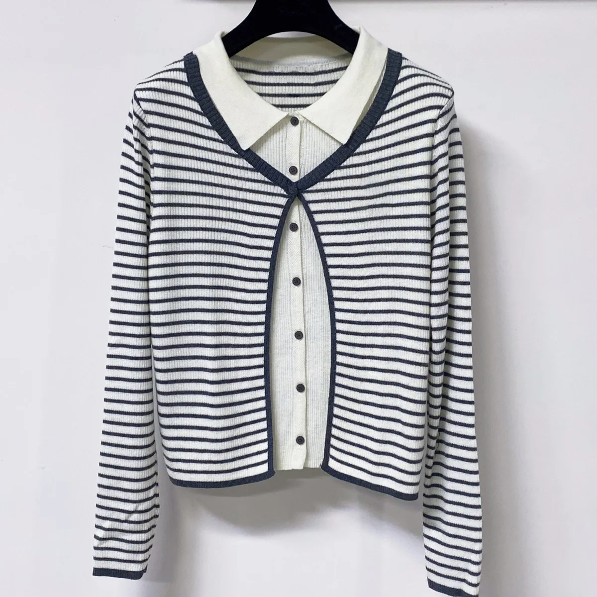 High Quality Women Polo Collar Striped Knit Long Sleeve Top Fake Two Piece Casual Knit Blouse lyt26723102