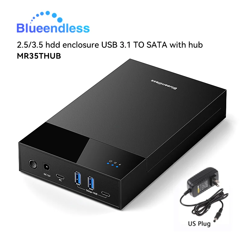 Blauwendeloos 2,5/3. 5 HDD/SSD-behuizing met USB3.0 HUB-ondersteuning 18 TB TYPE C NAAR SATA Adapter gereedschapsvrije HDD-behuizing met 12V Power ada