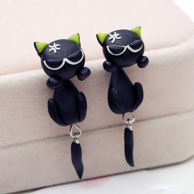 Handmade Cool Black Cat Sunglasses Polymer Clay Stud Earrings For Women Cute 3D Animal Ear Jackets Front Back Piercing Jewelry