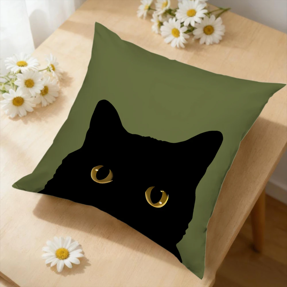 1pc Black Cat Silhouette Olive Green Golden Eyes Square Cushion Cover Soft Fabric Zipper Home Decor Pet Lover Gift