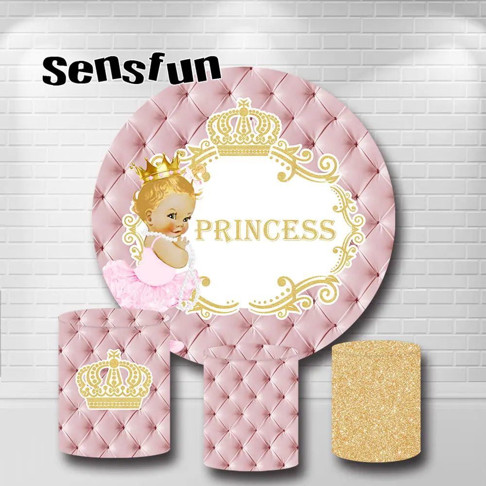 Pink Headboard Royal Princess Round Backdrop Gold Frame Crown Glitter Cylinder Covers For Girls Baby Shower 1st Birthday Party