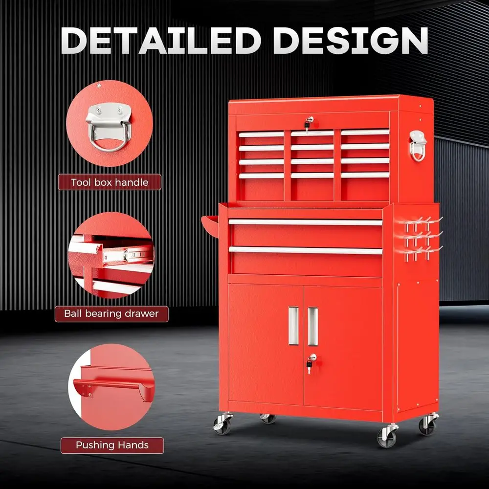 مجموعة أدوات خزانة وخزانة ذات 8 أدراج، خزانة أدوات جراج معدنية شديدة التحمل مع عجلات وبابين، صندوق علوي 2 في 1 ولفة