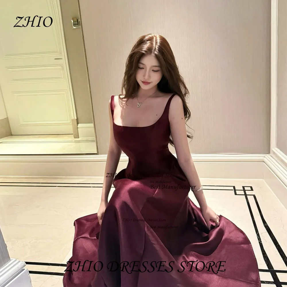 Zhi vinho vermelho cetim vestido de noite plissados uma linha gola quadrada longo vestido de festa alças espaguete vestido de baile para mulher personalizado