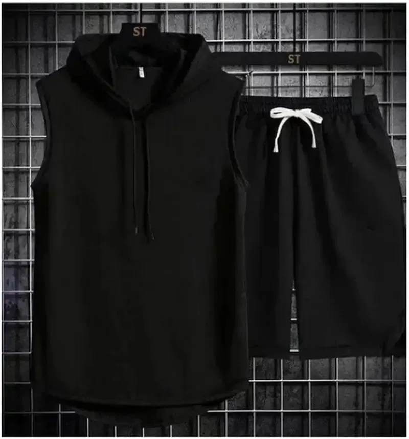 2024 New Men's Oversized Tracksuit Set Sleeveless Hood T Shirts Shorts Pants Sports Vest 2 Piece Suits Summer Gym Workout Hoodie