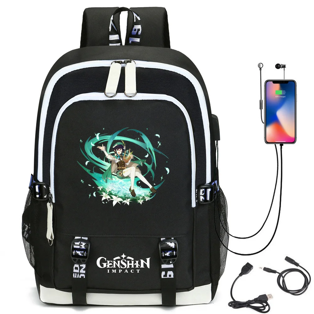 Venti mochila com porta de carregamento usb bonito genshin impacto xiao cosplay bookbag para meninos meninas presente escola mochila