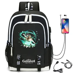 Venti Backpack with USB Charging Port Cute Genshin Impact Xiao Cosplay Bookbag for Boys Girls Gift School Mochila