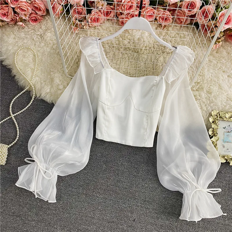 

Леди Белая Фея Сладкие топы на день рождения Рубашки Женский дворец Принцесса с рюшами и пышными рукавами Пуловер с квадратным вырезом Женский топ в стиле Лолиты для свиданий