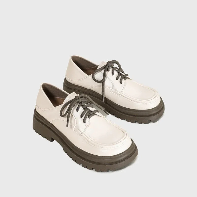 

2026 New White Platform Loafers for Women, Genuine Leather Retro Round-Toe Lace-Up Shoes