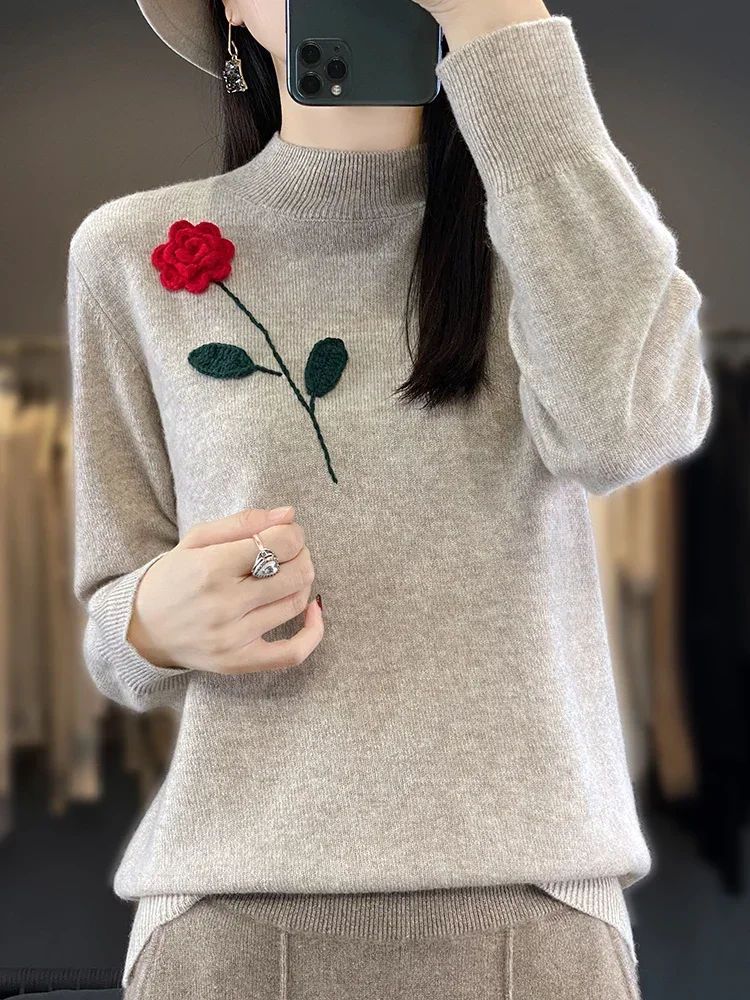 

Hand Embroidered Cashmere Sweater Women's High Neck Knit Top Rose Crochet Soft Loose Wool Pullover Winter Keep Warm Sweater 2024