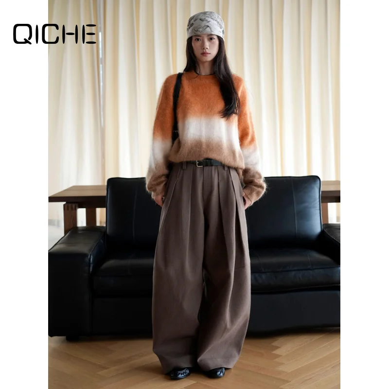 QICHE 2026 Women High Waist Pleated Wide Leg Trousers Paris Design Commuter Thick Loose Slim Fit Fall Winter Dress Pants