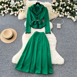 Women Two-Piece Sets Vintage Notched Long Sleeve Buttons Sashes Top High Waist Skirt Korean High Street Autumn Winter Clothing