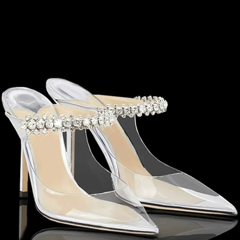 Zapatos de tacón alto para mujer, zapatillas puntiagudas de charol con diamantes de imitación, moda europea y americana, 2024
