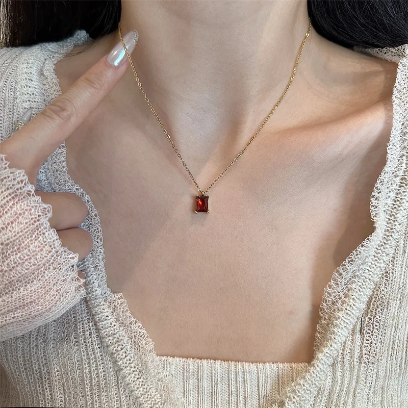 Good Quality Square Zircon Necklace 18K Gold Plated Red/Green Cubic CZ Pendant Colorful Minimalist Stainless Steel Neck Jewelry image 5