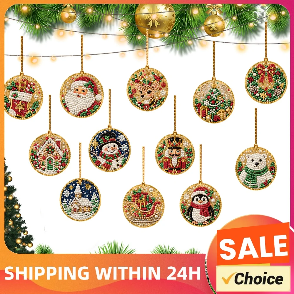 Acrylic Diamond Art Christmas Ornaments Kit DIY Santa Snowman Xmas Tree Pearl Art Kits for Adults Hanging Rhinestone Craft Decor