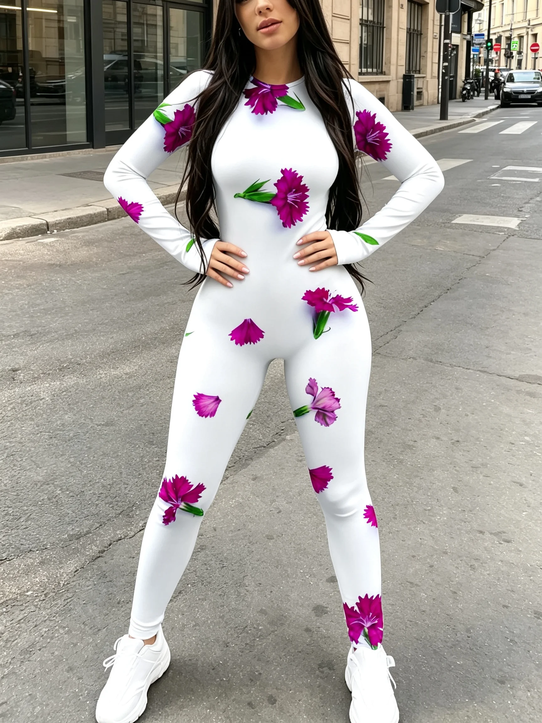 Rundhals-Langarm-Jumpsuit mit elastischem und enganliegendem Schnitt, um die Figur zu betonen, Damen-Jumpsuit. – Detail 5