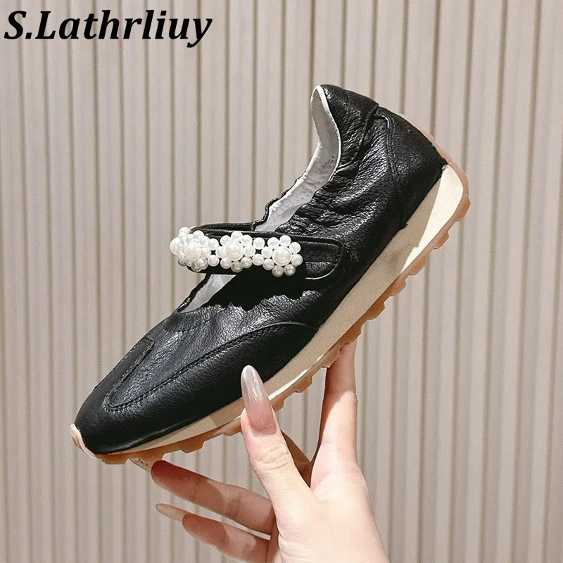 New Mary Jane Shoes Women's Genuine Leather Beaded Versatile Single Shoes Spring/Summer Shallow Mouth Thick Bottom Casual Shoes