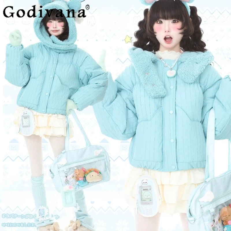 

Women Autumn Winter Warm Windproof Parkas Japanese Style Sweet Solid Cotton Coat Female High Street Loose Hooded Parkas