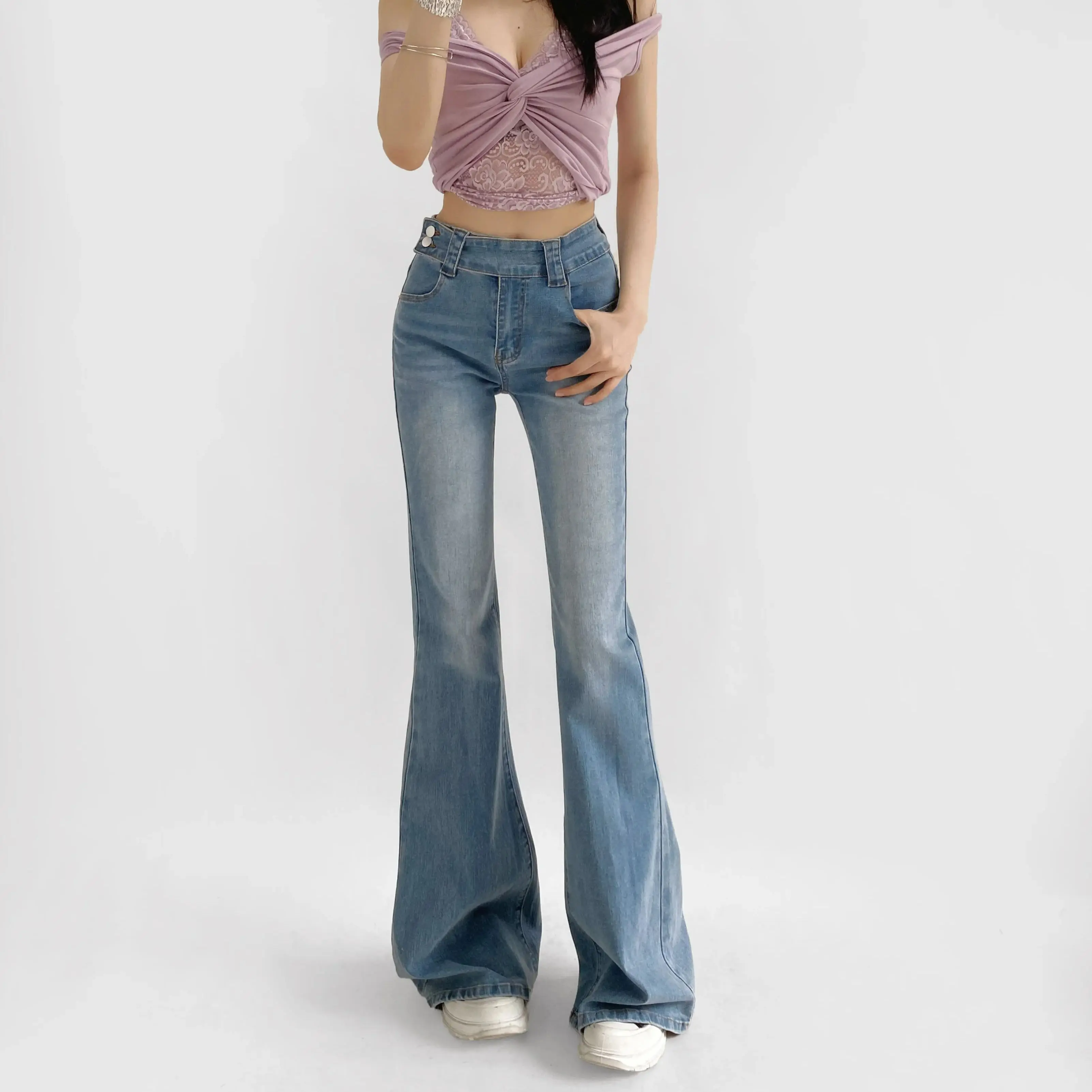 2025 Autumn Sexy Side Buttons High Waist Floor Length Flare Jeans Women Vintage Stretch Denim Pants Streetwear Long Trousers