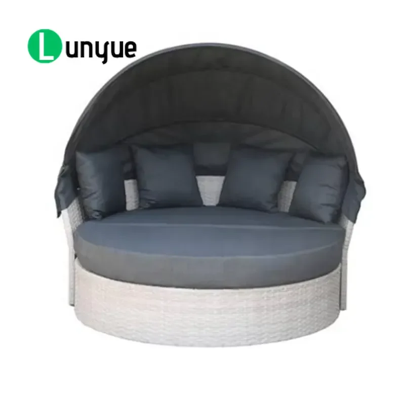 Round Rattan Sun Bed with Canopy Outdoor Terrace Furniture Sun Lounge Chair Patio Garden Poolside Relaxation Durable Wicker