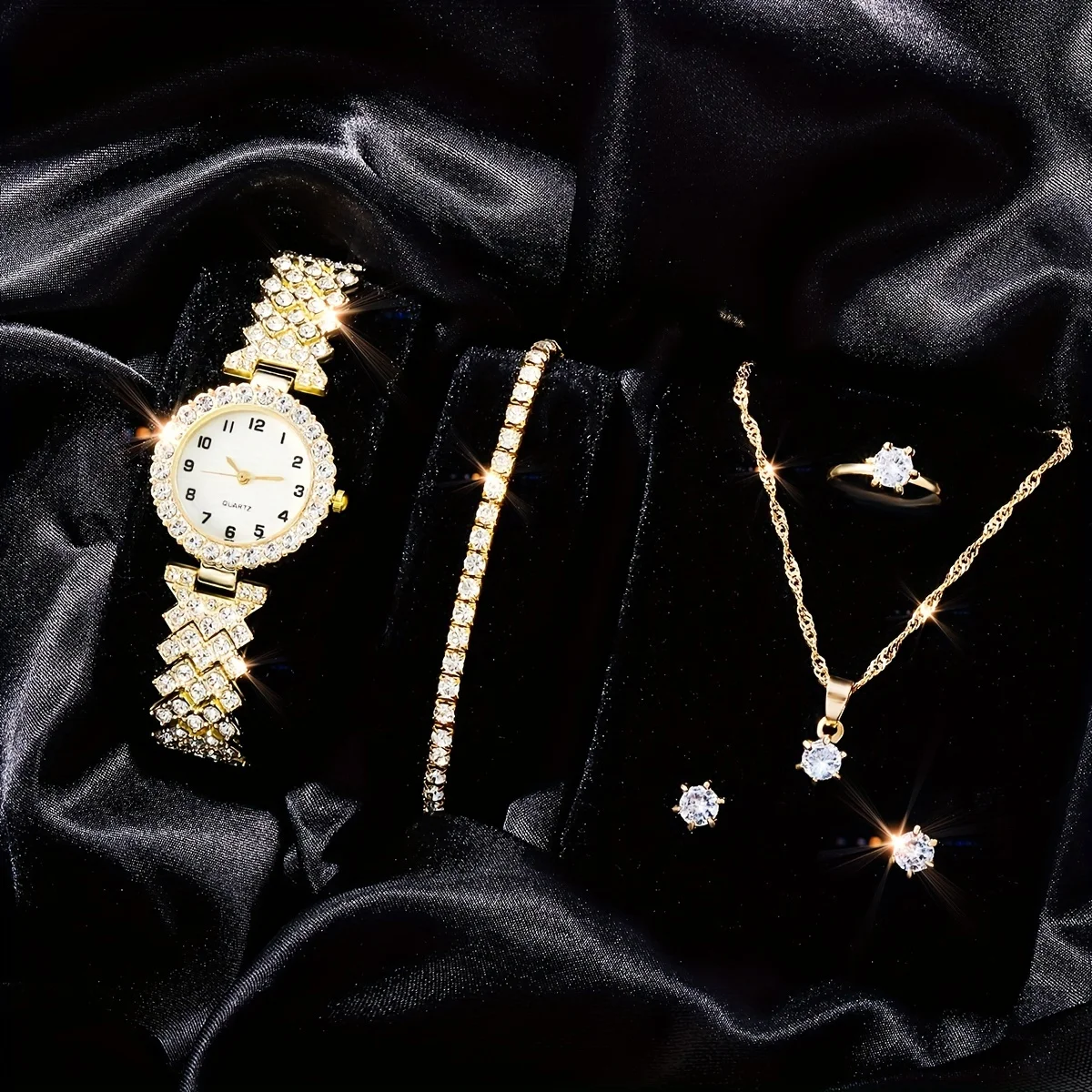 1pc Rhinestone Decorated Quartz Analog Watch & 5pcs Jewelry Sets Children's Day Gifts