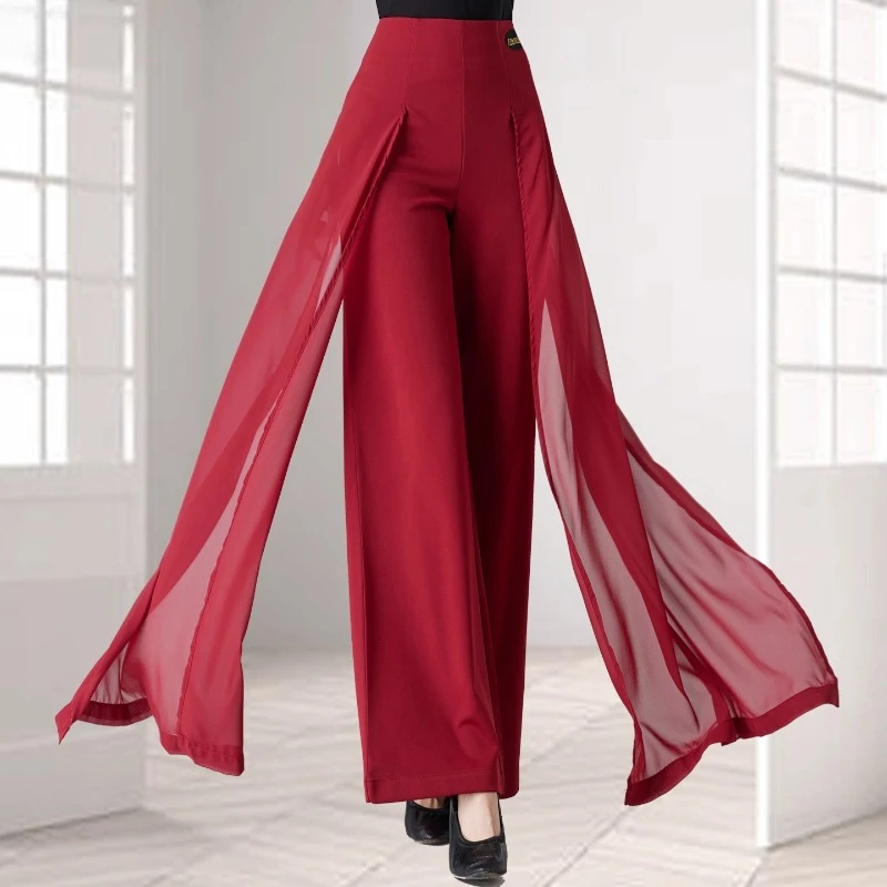 Pantalones de baile latino para mujer, novedad de verano, pantalones de pierna ancha de cintura alta para actuación de baile, pantalones con cinta flotante