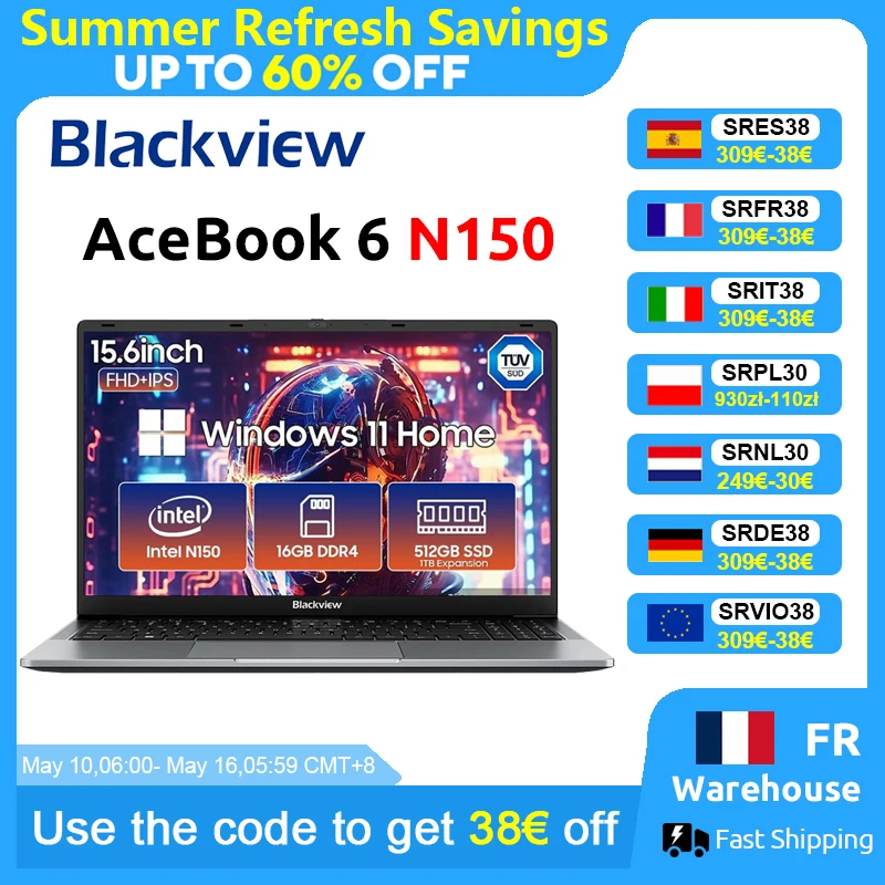Ordinateur portable Blackview AceBook 6 15,6 pouces FHD IPS Intel Twin Lake N150 16 Go de RAM 512 Go SSD + extension jusqu'à 1 To Windows 11 Home