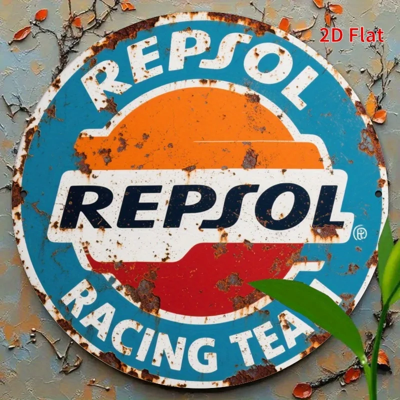 2D Vintage REPSOL Lubricate Oil Round Tin Sign Auto Repair Decoration Wall Plaque Metal Signs with Holes Garage Tin Plate Decor