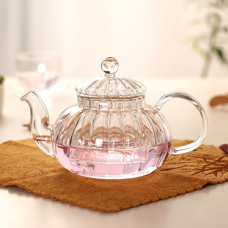 600ml Striped pumpkin shape flower teapot,Heat Resistant Glass Pot,Flower TeaCup Glass Teapot with Infuser Tea Leaf Herbal