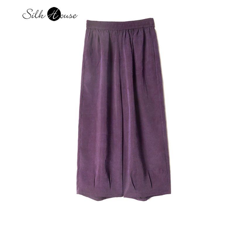 

2025 Early Autumn New Fashionable and Comfortable 100% Natural Mulberry Silk Fragrant Cloud Yarn Women's Purple Wide Leg Pants